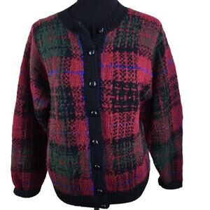 Woolrich Vintage 100% Wool Plaid Button Cardigan Sweater Tartan Chunky Knit